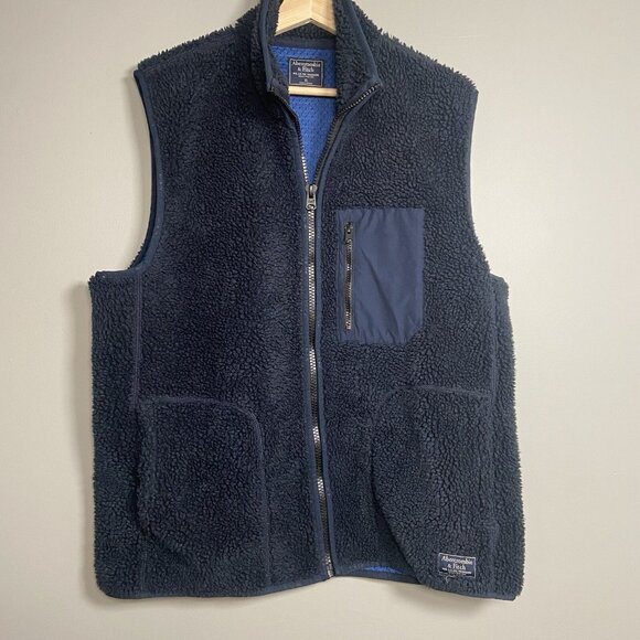 Abercrombie & Fitch Mens Size XL Navy Blue Sherpa Vest Jacket Pockets Breathable - Picture 1 of 10